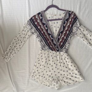 Chloe & Katie Patterned V-Neck Jumpsuit - Red, Blue, White